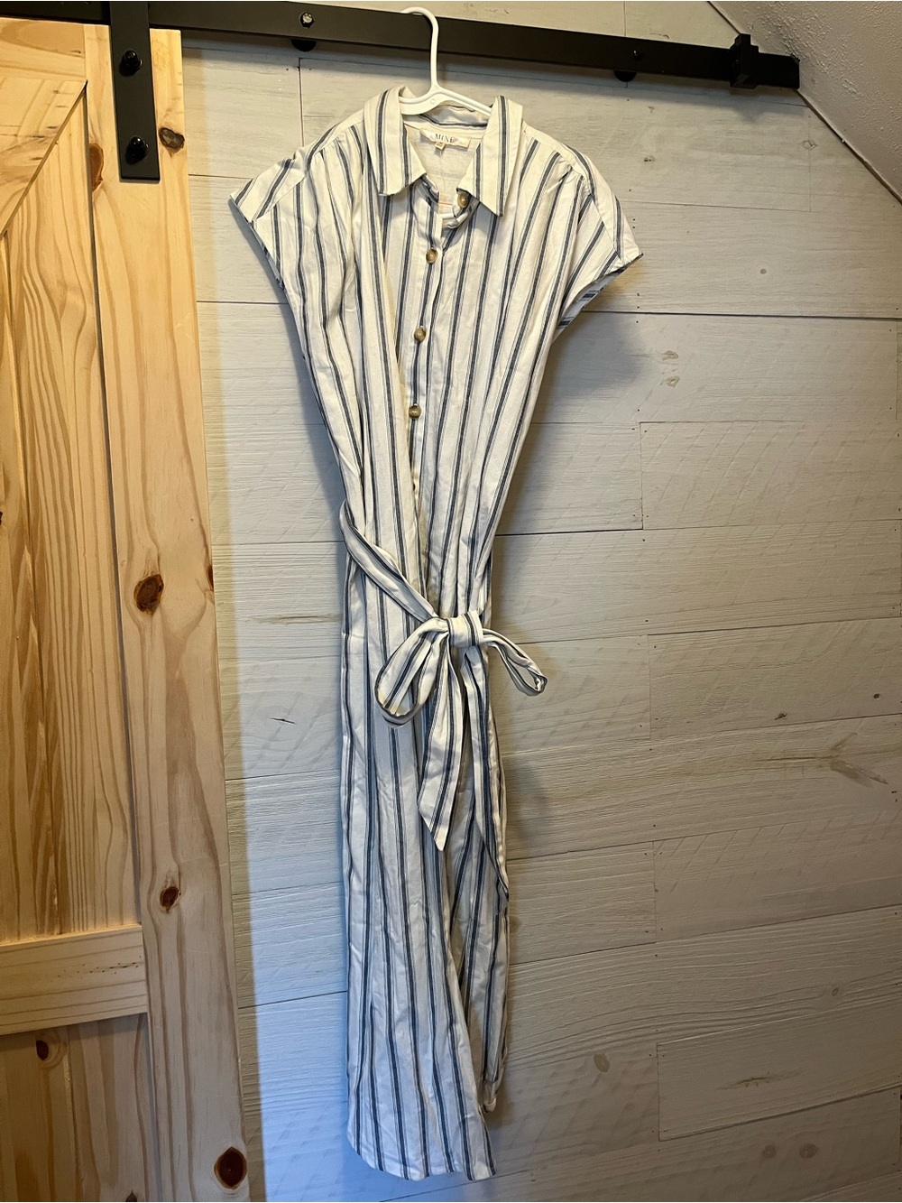 mine White & Blue Striped Maxi Shirt Dress with Waist Tie